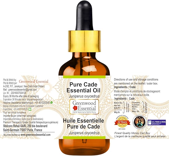 Greenwood Essential Cade Essential Oil (Juniperus oxycedrus) with Glass Dropper | Pure | Non-Sticky | Non-Greasy | Lightweight | Men & Women | All Skin Types | Steam Distilled 100ml (3.38 oz)