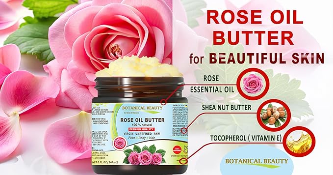 Botanical Beauty ROSE OIL BUTTER 100% Natural Rose Essential Oil in Shea Nut Butter for FACE SKIN BODY HAIR NAILS Beauty Skin Moisturizer Oil Butter Skin Nourishing (8 Fl Oz 240 ml)