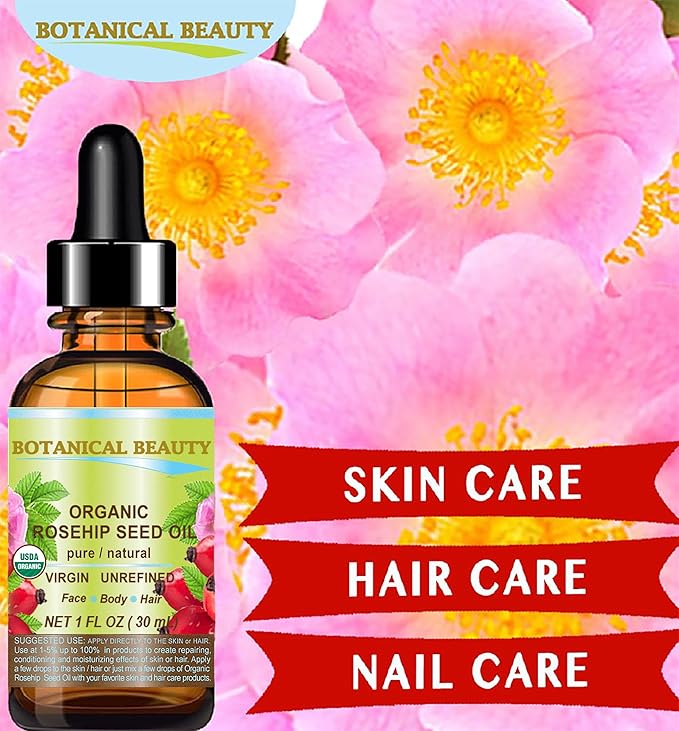 Botanical Beauty Organic ROSEHIP SEED OIL 100% Pure Natural Virgin Unrefined Cold-pressed Carrier Oil 2 Fl Oz 60 ml For Face, Skin, Body, Hair, Lip, Nails, Rich in vitamin C, Vitamin E, Anti-Aging