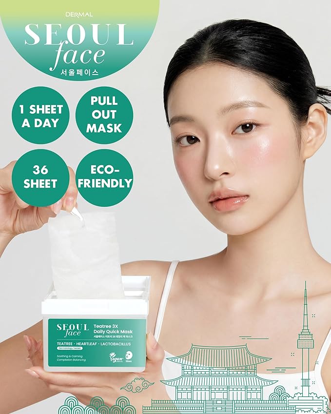 DERMAL Seoul Face Tea Tree & Heartleaf 5-Min Daily Sheet Mask 36 Count Bulk, Korean Calming Pull-Out Dispenser with Tweezers, Lactobacillus Oil Control Face Mask for Redness Oily Acne-Prone Skin