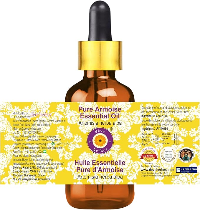 Deve Herbes Pure Armoise Essential Oil (Artemisia herba alba) with Glass Dropper Steam Distilled 5ml (0.16 oz)
