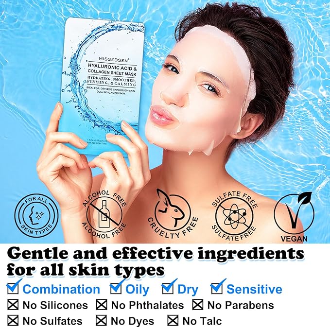Collagen Face Mask with Hyaluronic Acid, Vitamin E Oil for Skin Care Hydrating, Moisturizing, Brightening & Anti Aging Face Masks Skincare for Oil, Dry, Acne, Sensitive All Skin Types 5PCS
