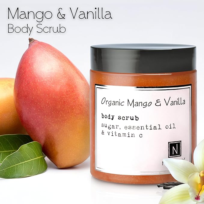 Organic Mango & Vanilla Body Scrub Made in USA with Essential Oil and Vitamin C by Nabila K - Exfoliate and Moisturize for Smooth Skin - Luxury for Women & Men, 10 oz