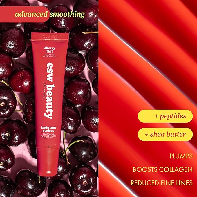 ESW Beauty Cherry Tart Smoothie Lip Treatment - Jelly Red Tint with Shea Butter, Peptides, Cherry Extract for Advanced Smoothing & Collagen Boost