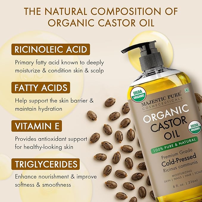 Majestic Pure USDA Organic Castor Oil 8 Fl Oz - 100% Pure and Natural- Cold Pressed & Hexane Free Natural Hair Growth Oil for Eyelashes, Eyebrows, Skin, Body, Face, Nails & Scalp