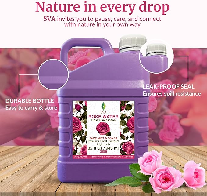 SVA Rose Water - 32 Fl oz - Refreshing Rose Water Spray for Skin Care, Skin Hydration, Bath, Soaps, Haircare & Aromatherapy