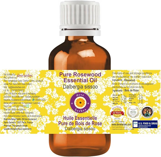Deve Herbes Pure Rosewood Essential Oil (Dalbergia Sissoo) Steam Distilled 10ml (0.33 oz)