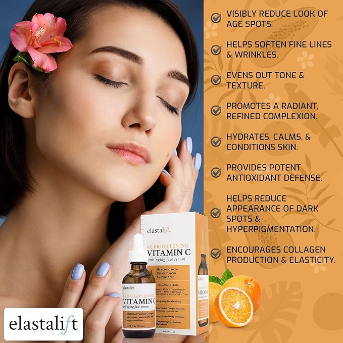 Elastalift Vitamin C Facial Serum For Age Spots, Wrinkles, & Expression Lines. Anti-Aging Face Serum W/Vitamin C & Hyaluronic Acid Brightens Skin To Promote Healthier Skin Complexion (2-Pack)