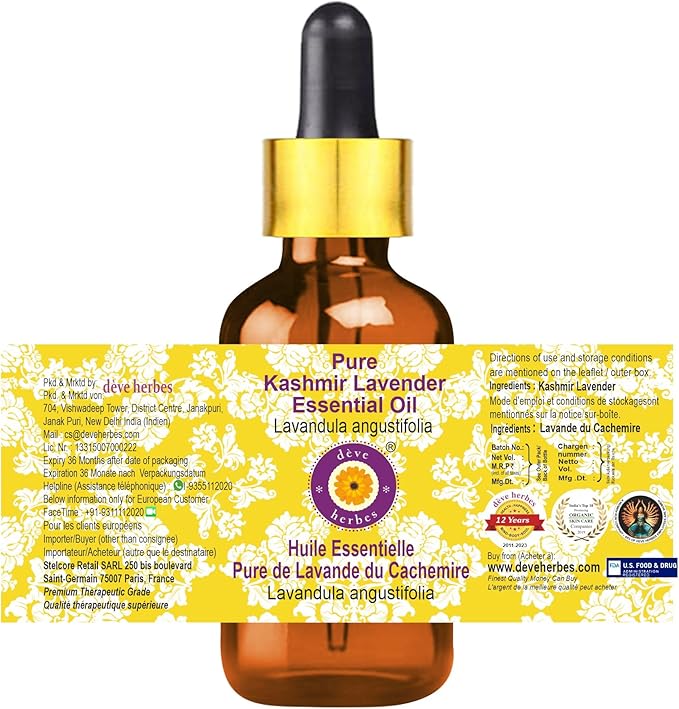 Deve Herbes Pure Kashmir Lavender Essential Oil (Lavandula angustifolia) with Glass Dropper Steam Distilled 5ml (0.16 oz)