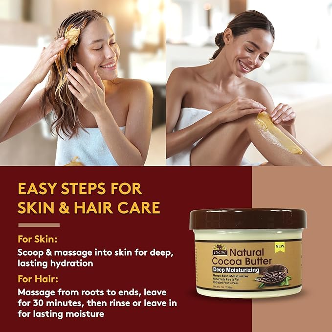 OKAY | Natural Cocoa Butter | For Skin & Hair | Moisturizes & Softens Skin | Conditions & Nourishes Hair | 100% Natural | 7 oz