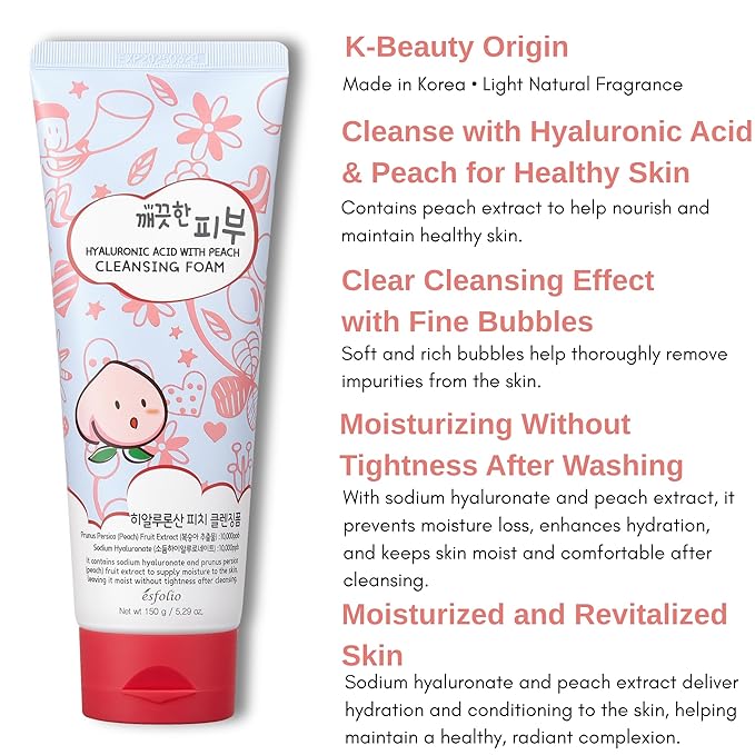 esfolio Hyaluronic Acid with Peach Cleansing Foam Face Wash – Moisturizing Facial Cleanser – Gently Removes Dirt, Oil & Impurities – Soft Creamy Foam with Hydrating Formula (5.29oz -150g)