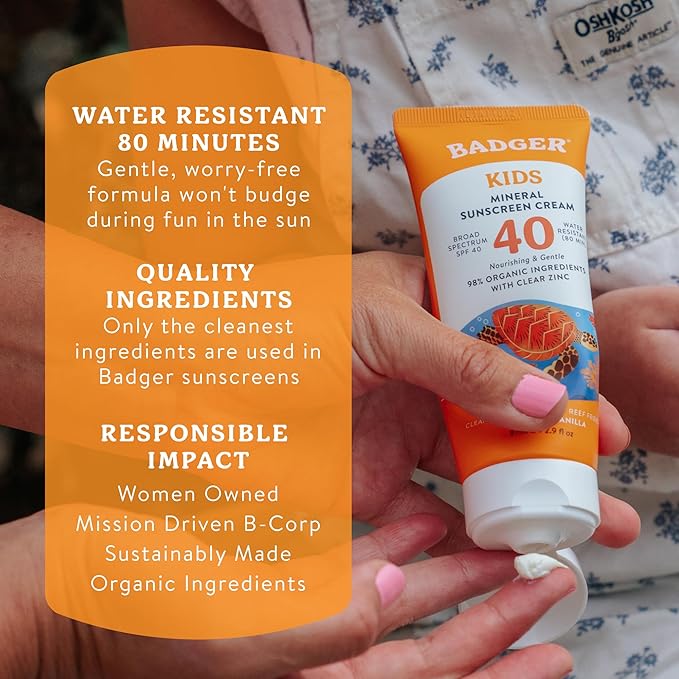 Badger Kids Mineral Sunscreen Cream SPF 40, 98% Organic Ingredients, Zinc Oxide Sunscreen for Kids Face & Body, Water Resistant, Reef Friendly, Hawaii Approved Broad Spectrum Sunblock, 2.9 fl oz