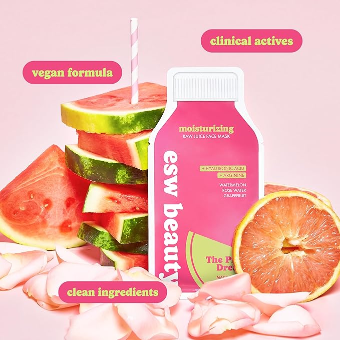 ESW Beauty The Pink Dream - Moisturizing Raw Juice Face Mask - Hydrating with Watermelon, Rose Water & Grapefruit for Dry, Sensitive Skin - Vitamins C & E for Radiance