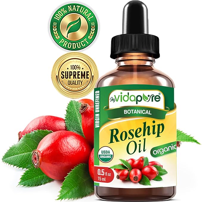 MYVIDAPURE Organic Rosehip Oil Certified Organic Wild Growth RAW Pure Virgin UNREFINED for Face, Body, Hair and Lip Care (0.5 Fl Oz)