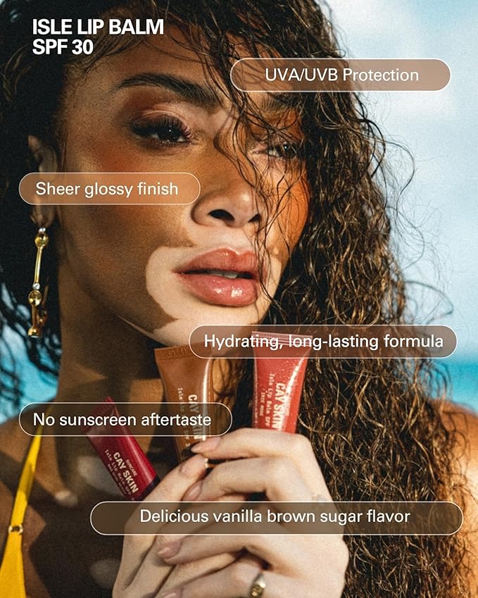 Cay Skin Isle Lip Balm SPF 30 – High Shine, Hydrating + Sheer Lip Gloss in Vanilla Brown Sugar Flavor – Formulated with Natural Ingredients for All Skin Tones – 3-Pack, Rose, Berry, Nude, 1.05 oz