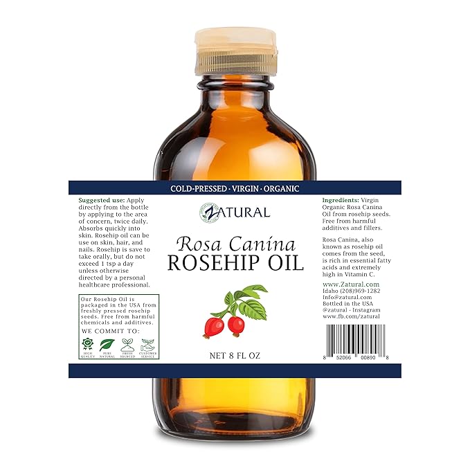 Zatural Rosehip Oil Rosa Canina - Natural Oil for Face, Nails, Hair and Skin - 100% Pure Cold Pressed (8 oz)