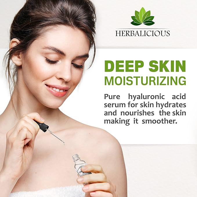 Herbalicious Hyaluronic Acid Serum – Hyaluronic Acid Serum for Face – Paraben-Free Pure Hyaluronic Acid – Moisture Boost Hydrating Serum – Anti-Aging Serum for Fine Lines, Wrinkles – 2oz