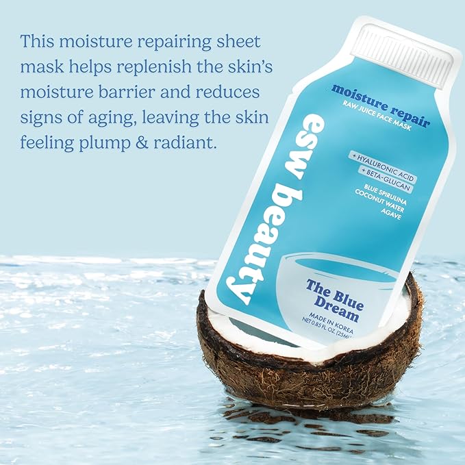 ESW Beauty The Blue Dream - Moisture Repair Raw Juice Face Mask - Hydrating with Blue Spirulina, Coconut Water & Agave for Dry, Sensitive Skin - Replenishes & Fights Aging