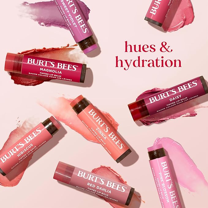 Burt's Bees Lip Tint Balm, Long Lasting 2 in 1 Duo Tinted Balm Formula, Color Infused with Hydrating Shea Butter for a Natural Looking Buildable Finish, Hibiscus, 1 Tube