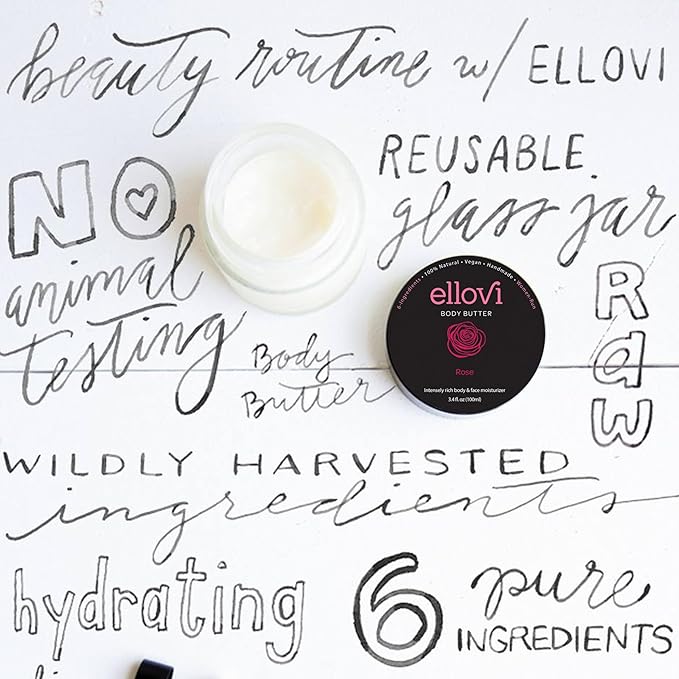 Ellovi All-Natural Body Butter - Rose - Pure Enough to Eat - Made With Just 6 Vegan Ingredients - Ultra-Rich 100% Plant-Based Hydrating Moisturizer For Naturally Healthy Skin (3.4 fl. oz/100ml)