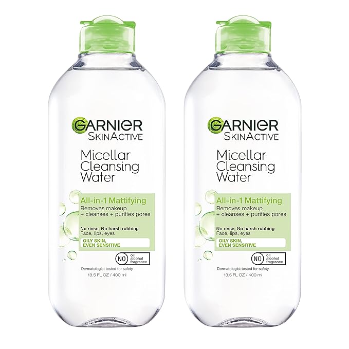 Garnier Micellar Water for Oily Skin, Facial Cleanser & Makeup Remover, Mattifying, For All Skin Types, Vegan, Cruelty Free, 13.5 Fl Oz (400mL), 2 Count
