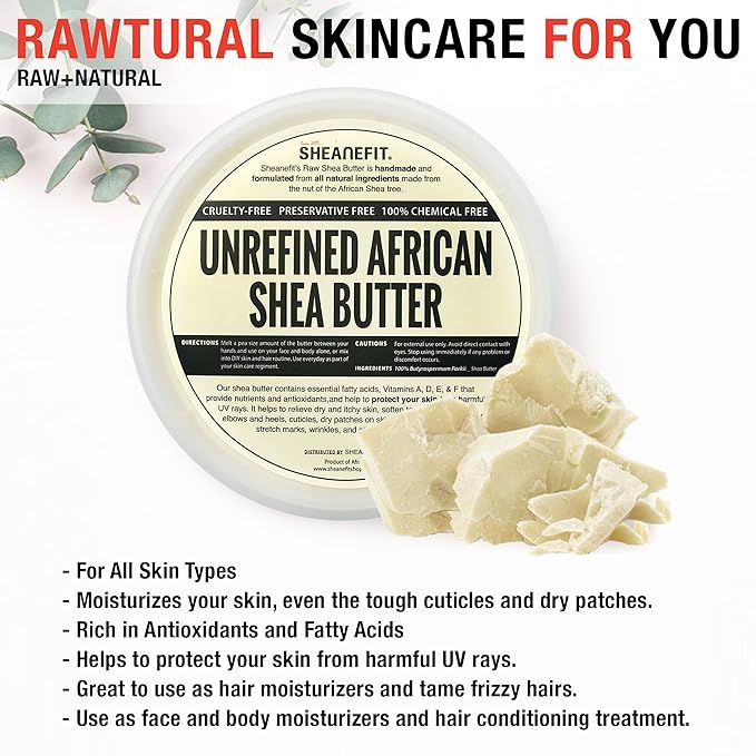 Sheanefit Raw Unrefined African Shea Butter, Natural Body Butter, Soft & Smooth Daily Moisturizer For Face & Body Ivory 8oz (Pack of 1)
