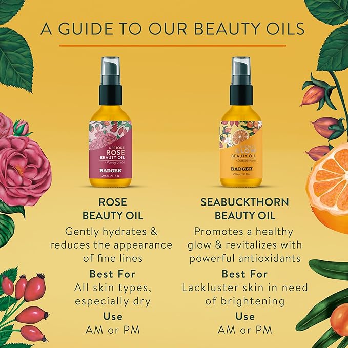 Badger Seabuckthorn Face Oil, Organic Face Moisturizer for Women & Men, Nourishing & Soothing Organic Jojoba, Baobab & Vitamin E Oil, Vegan Antioxidant Rich Facial Oil, 1 fl oz Glass Bottle