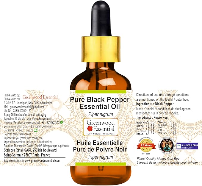 Greenwood Essential Pure Black Pepper Essential Oil (Piper nigrum) with Glass Dropper Steam Distilled (Pack of Three) 100ml X 3 (10.1oz)