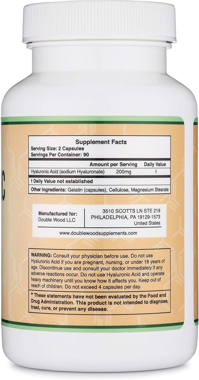 Double Wood Supplements Hyaluronic Acid, 180 Capsules (100 mg per Capsule)