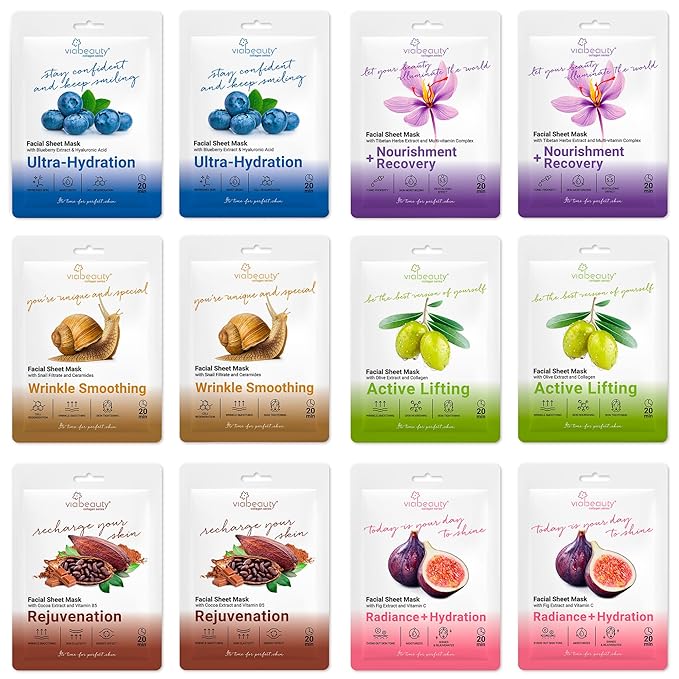 VIABEAUTY 12 Pack of Sheet Face Masks Skincare - Collagen Face Mask Sheets with Hyaluronic Acid, Vitamin C, Snail Mucin - Facial Sheet Mask for Hydrating, Rejuvenating, Moisturizing