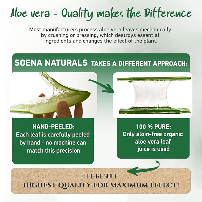Soena Aloe Vera Gel Organic - FROM PURE ALOE LEAF JUICE - Vegan | 100% Natural & Unscented - Certified Organic - Made in Germany - Moisturizer - For Face, Skin, Hair, Sunburn relief