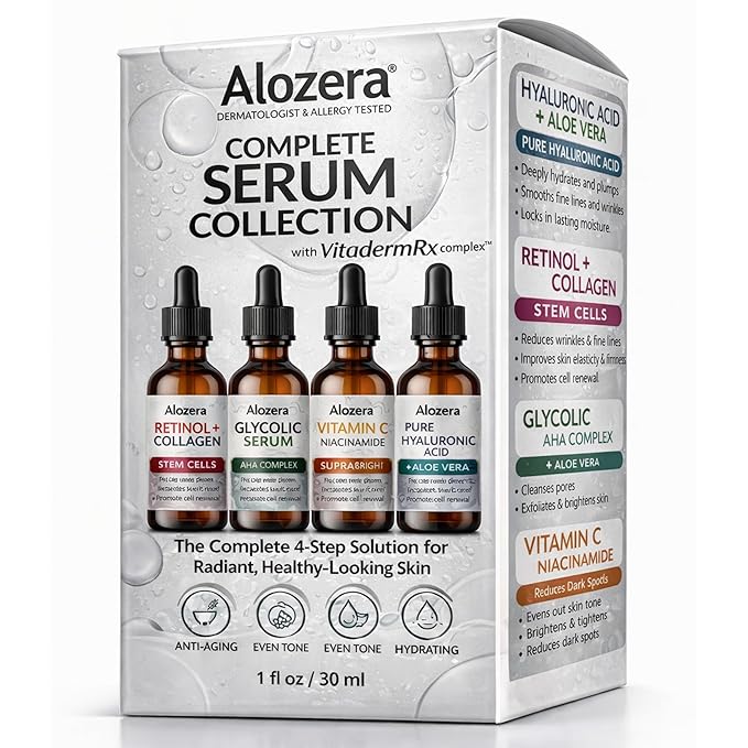 Alozera Face Serum Set of 4 with Retinol, Collagen, Vitamin C, Niacinamide, Hyaluronic Acid & Glycolic Acid, Exfoliating, Hydrating, Brightening, Anti-Aging Skincare, Serum Gift Pack of 4