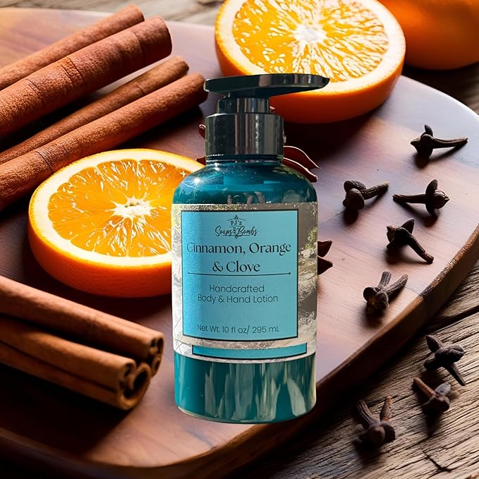 PJ's Cinnamon, Orange and Clove Handcrafted Luxury Body Lotion – Moisturizing, Non-Greasy Skincare with Natural Ingredients, Paraben-Free & Cruelty-Free, 10 oz