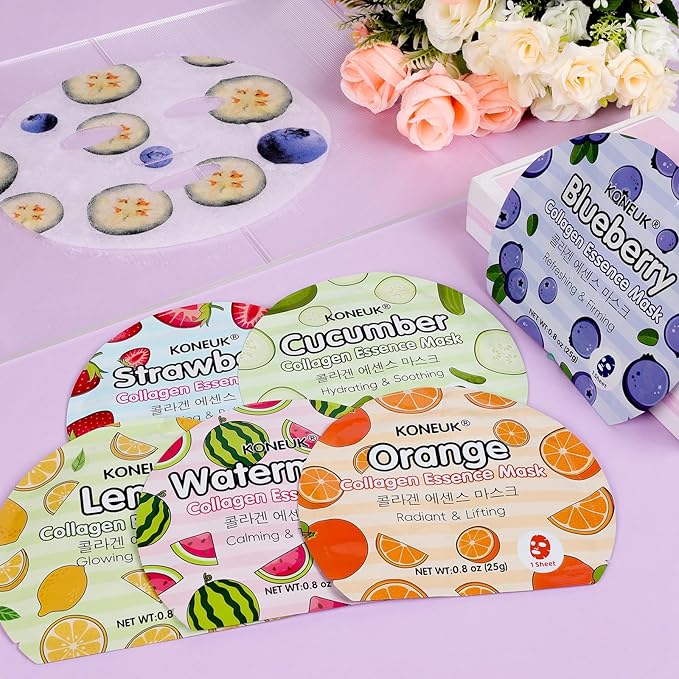 KONEUK 36 Pack Colorful Fruit Face Mask Set, Hydrating & Moisturizing, Bulk Sheet Facial Mask for All Skin Types, Collagen Face Masks Skincare for Women, Mothers Day Gifts and Spa Party Gifts