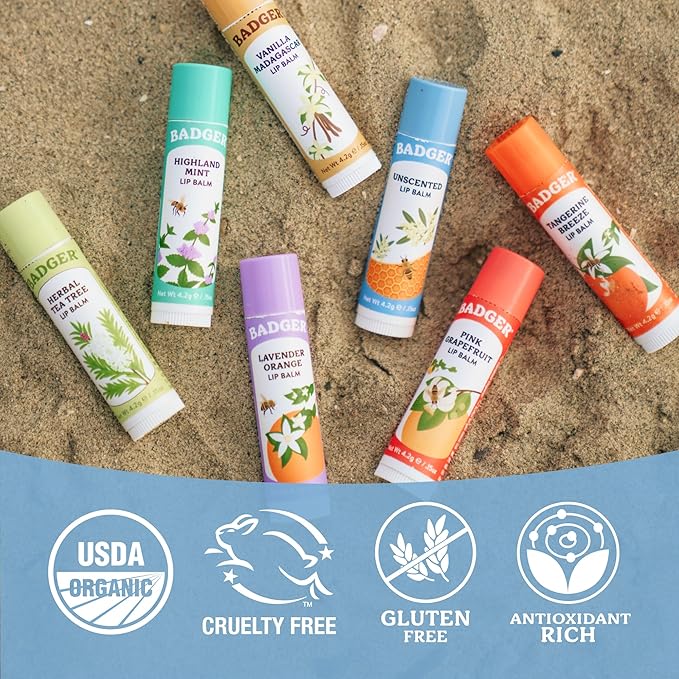 Badger Classic Organic Lip Balm Set - Green Box, Long Lasting Lip Moisturizer Gift Set, Light Silky Texture, All Natural Lip Balm Variety Pack Lip-Set (Unscented, Tea Tree, Mint & Tangerine), 4 pack