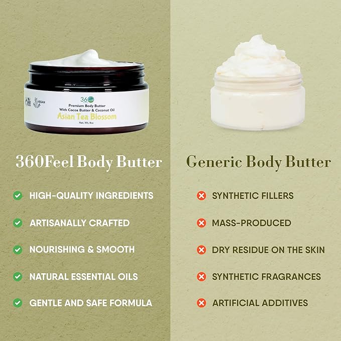 360Feel Asian Tea Blossom Body Butter - Nourishing and Hydrating Shea Body Butter with a Gentle Formula - Handmade with Essential Oils - Creamy Formula for Daily Use - Zero Harsh Additives - 8 Ounce