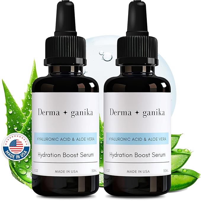 Derma ganika Hyaluronic Acid Serum for Face & Neck - Made in USA Ultra-Hydrating Anti-Aging Serum with Aloe Vera | Softens, Smooths, and Brightens Dry & Sensitive Skin (Pack of 2)