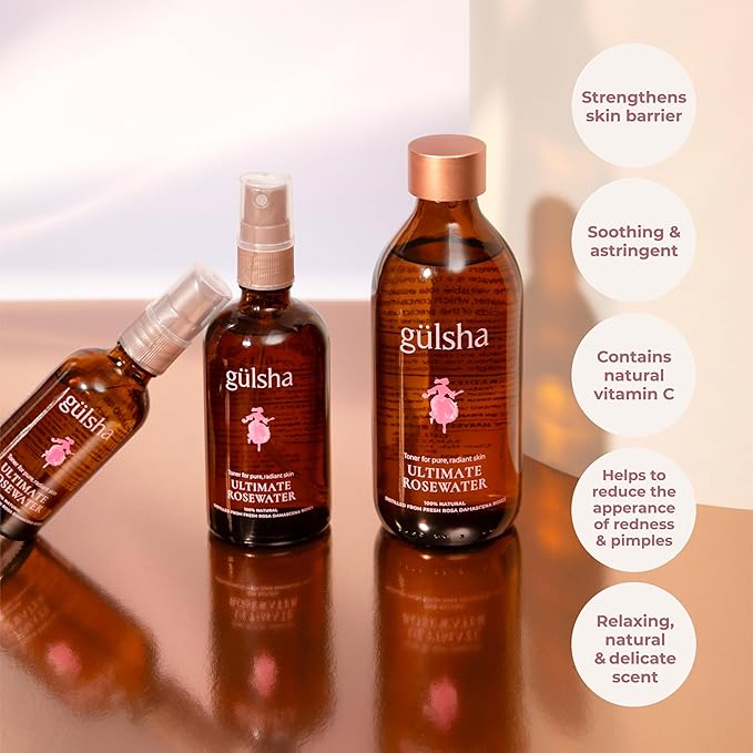 GULSHA ULTIMATE ROSEWATER, Natural Rosa Damascena Flower Water, Cleanses, Nourishes and Tones Skin, Restores Radiance to Your Skin, Free from Chemicals, 100% Natural Glow Rose Essence, 250ml/8.45fl oz