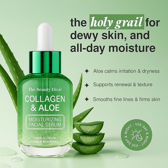 The Beauty Elixir Aloe & Collagen Serum For Face - Dermatologist Tested, Anti-Aging, Ultra Hydrating Aloe Vera Gel For Face - Natural Ingredients, Clean Beauty, Cruelty-Free Korean Skin Care - 1.69 oz