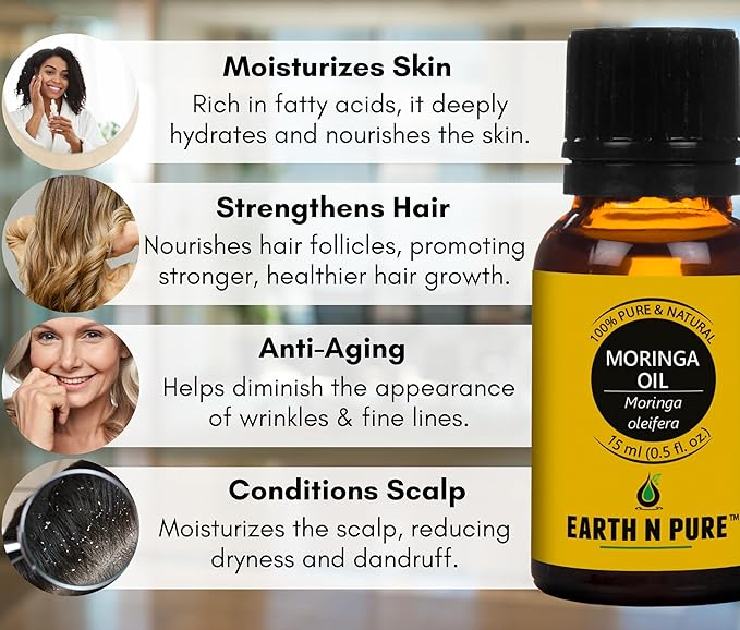 Earth N Pure Moringa Oil Cold Pressed, Pure and Natural with Glass Dropper 15 ml