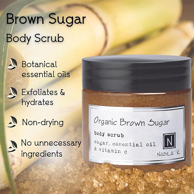 Organic Brown Sugar Body Scrub Made in USA with Essential Oil and Vitamin C by Nabila K - Exfoliate and Moisturize for Smooth Skin - Luxury for Women & Men, 10 oz