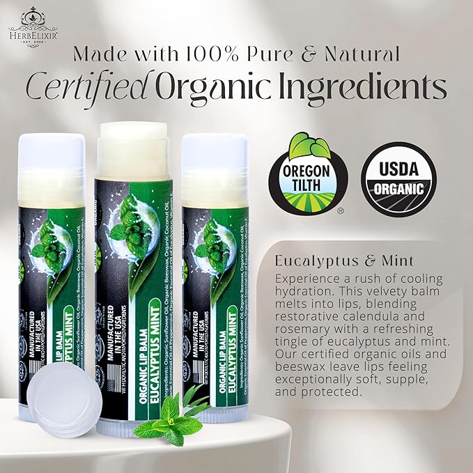 Organic Lip Balm Chapstick Bulk 3 Pack – Eucalyptus Mint – Natural Beeswax Lip Balm – Moisturizer for Very Dry, Chapped Lips