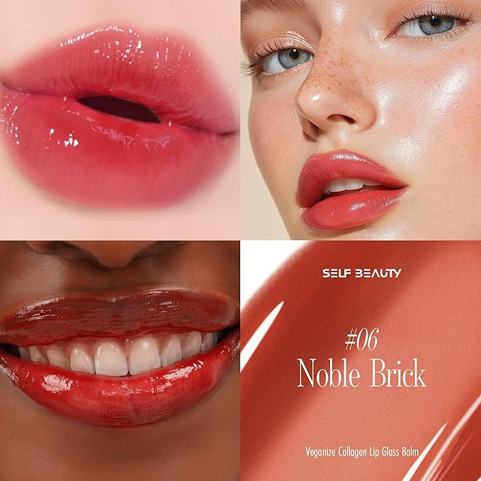 self beauty Veganize Collagen Lip Glass Balm - Hydrating Lip w/Hyaluronic Acid - Vegan Korean Lip Balm Moisturizing Lip Care – Lip Gloss Repair for Dry Cracked Lips 0.06 oz (#6 Noble Brick)