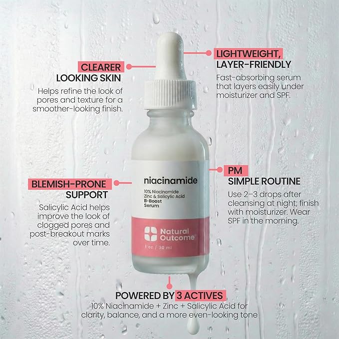 Niacinamide Serum for Face by Natural Outcome Skin Care, B-Boost Niacinamide 10% Plus Zinc 2% Salicylic Acid + Hyaluronic Acid, Acne Treatment + Pore Reducing Serum + Skin Balancing