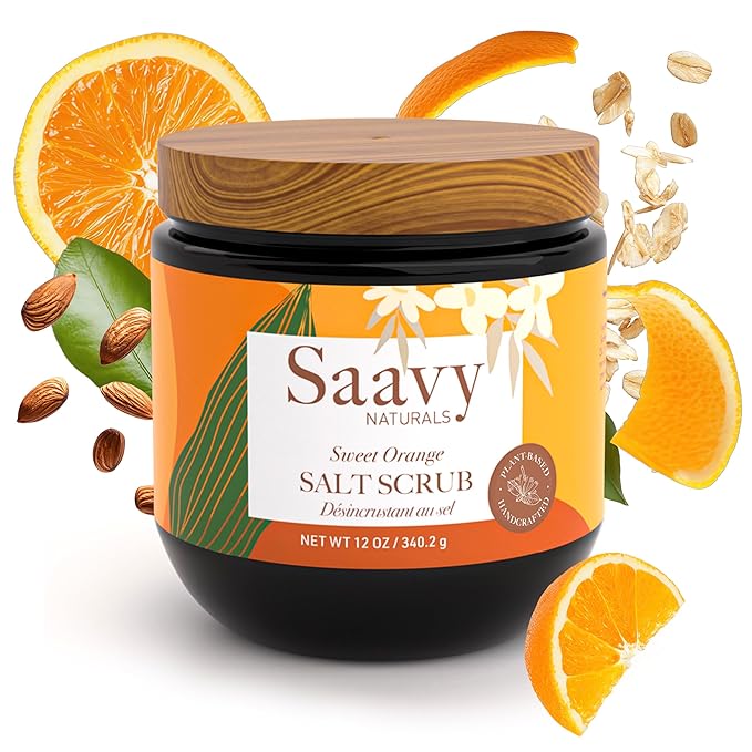 Saavy Naturals Body Scrub - Scented Salt Orange Extract, Natural Body Scrub & Vegan Exfoliating with Vitamin E, Gentle for Sensitive Skin – Made in USA – Sweet Orange (1 Pack) - 12 oz