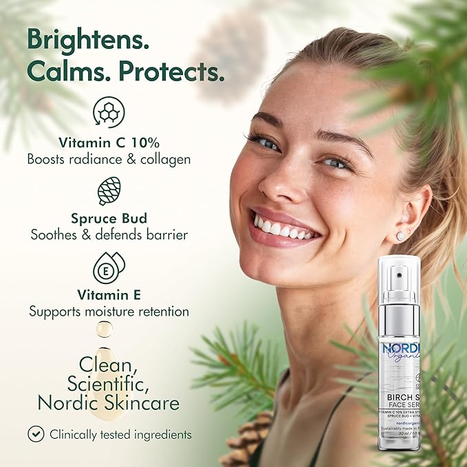 Vitamin C Serum 10% – COSMOS Certified Organic Formula with Birch Sap, Spruce Bud Extract & Vitamin E, Fragrance Free, Made in Finland 1.0 oz (30 ml)