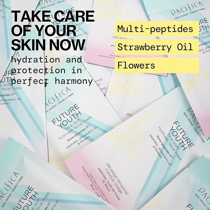Pacifica Future Youth Time Shift Hydrogel Facial Mask - 12-PACK - Multi-Peptide Anti-Aging Sheet Mask for Firming & Plumping, Ultra-Hydrating Serum-Infused Mask for Face & Neck, 100% Vegan
