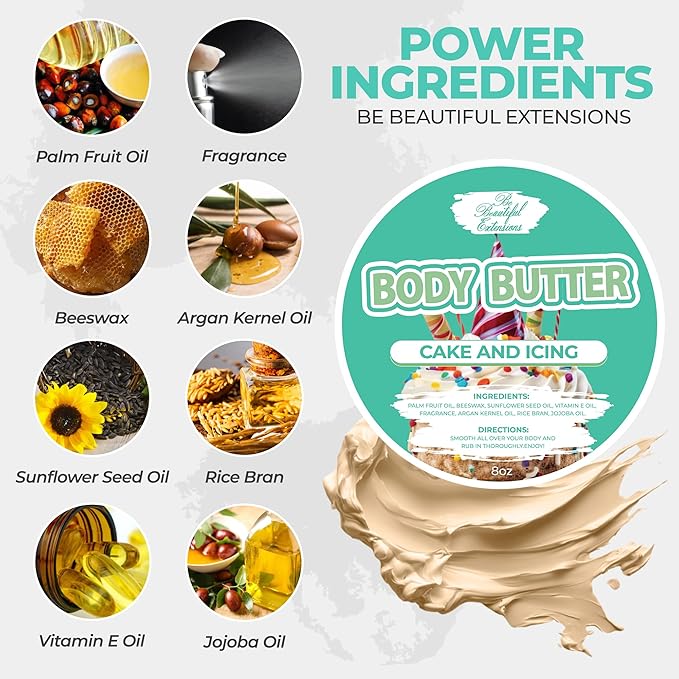 body butter cake and icing scent long -lasting fragrance,hydrate skin jojoba oil and more 8oz