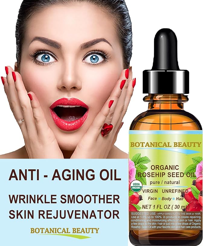 Botanical Beauty Organic ROSEHIP SEED OIL 100% Pure Natural Virgin Unrefined Cold-pressed Carrier Oil For Face, Skin, Body, Hair, Lip, Nails, Rich in vitamin C, Vitamin E, Anti-Aging (0.5 Fl Oz)