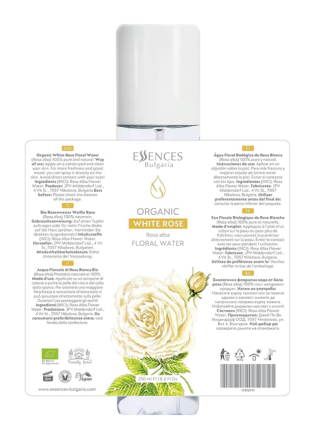 Essences Bulgaria | Organic White Rose Floral Water 8.5 Fl Oz | 250ml | Rosa alba | 100% Pure and Natural | Anti-Age Refreshing Beauty Mist | Alcohol-Free | Makeup Remover | Hydrating | Vegan